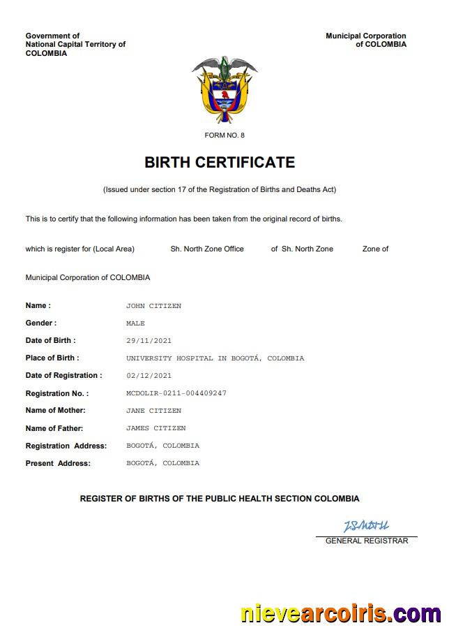 Colombia vital record birth certificate
